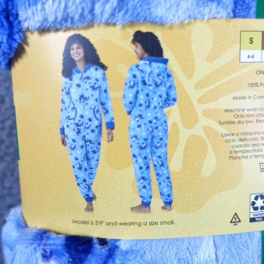 Disney Stitch One Piece Pajama Women XL 16-18 Blue Plush Fleece Hooded Sleeper - Picture 4 of 7